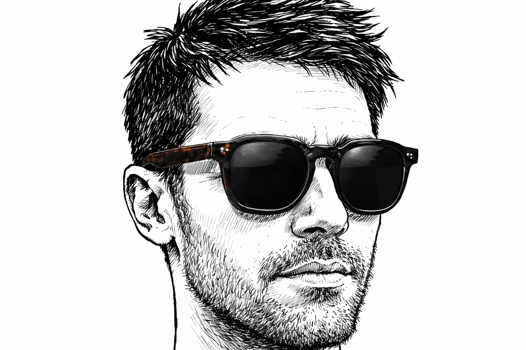 lunette de soleil noir portée par un homme desiner en noir et blanc