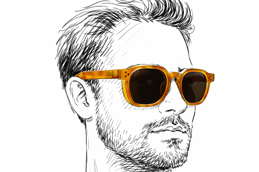 lunettes de soleil portée par un homme dessinée en noir et blanc
